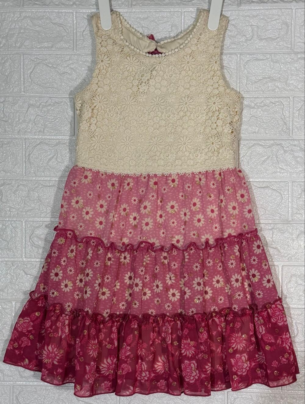 Zunie Girls Size 6 Pink Floral Tiered Dress Cream Crochet Lace Gold Glitter